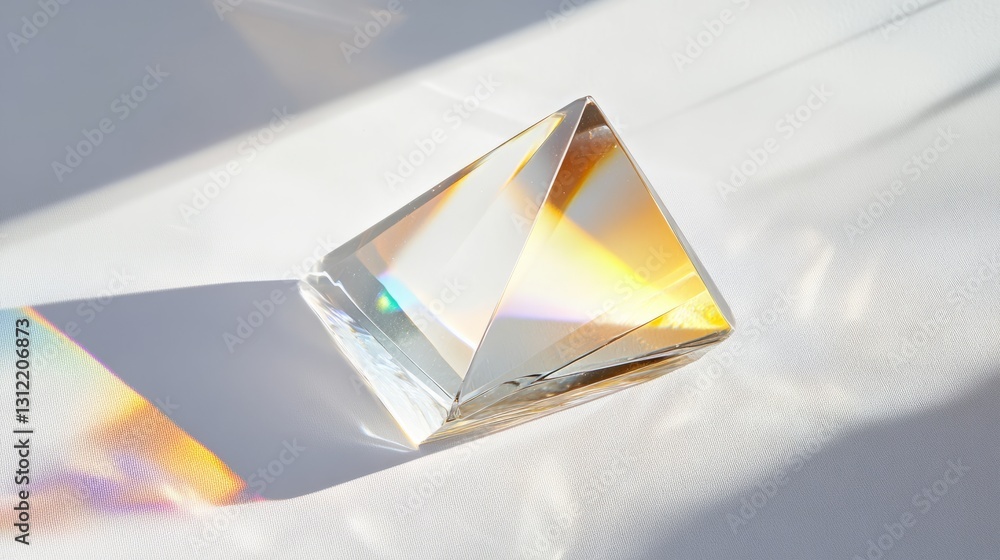 Poster a triangular shaped crystal is on a white surface. the crystal is reflecting light and creating a ra