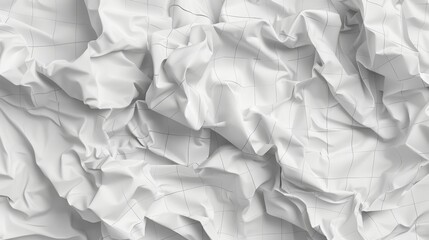 a highly detailed rendering of crumpled white paper with faint grid lines. The image should showcase the intricate texture of the folds and wrinkles