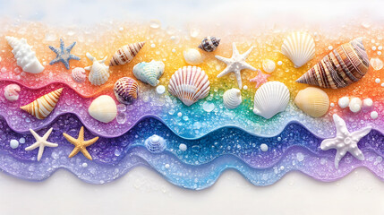 Colorful wave pattern with seashells and starfish