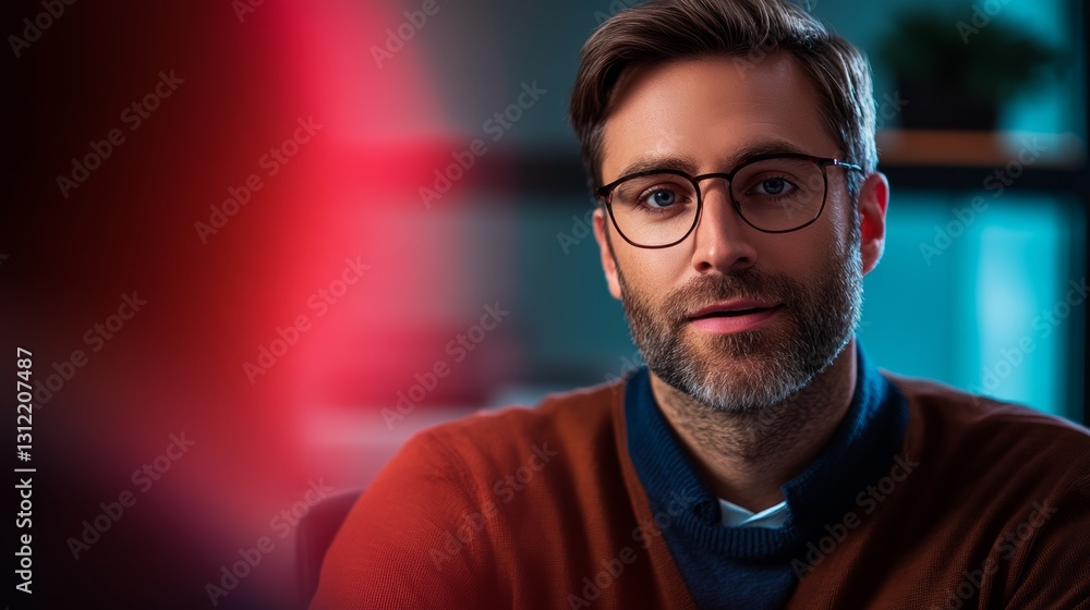 Poster man wearing glasses is sitting in front of a red background. he is smiling and looking at the camera