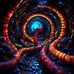 A surreal, colorful and vibrant scene featuring a worm-like creature with multi-colored appendages moving through a futuristic, glowing tunnel.