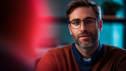 Obraz premium Man wearing glasses is sitting in front of a red background. He is smiling and looking at the camera