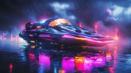 Futuristic spaceship in neon rain