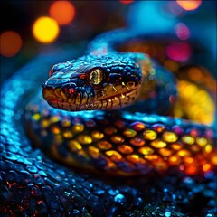 Fototapeta premium A vibrant, mystical snake with glowing eyes glides through an ethereal, multicolored environment illuminated by shimmering lights.