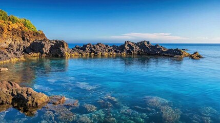Tranquil volcanic rock cove, crystal-clear water, scenic coastline