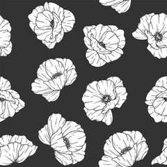 Floral seamless pattern. Poppy background. Eco friendly background. Poppy flowers and greenery hand drawn line art design. Elegant seamless background endless pattern minimalist style