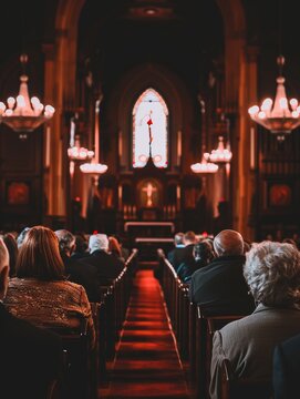 An intimate moment is captured during a church service, focusing on a congregation member's profile against the backdrop of a luminous stained glass window, a personal reflection on faith.