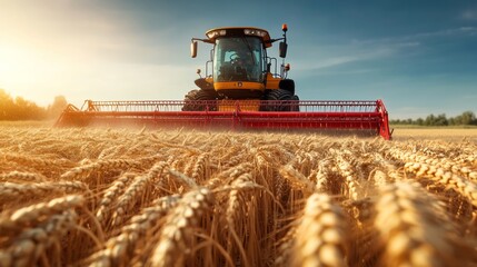 Obraz premium Yellow tractor is driving through a field of wheat. The sun is shining brightly, and the sky is clear. The tractor is surrounded by a large amount of wheat, and it is harvesting the crop