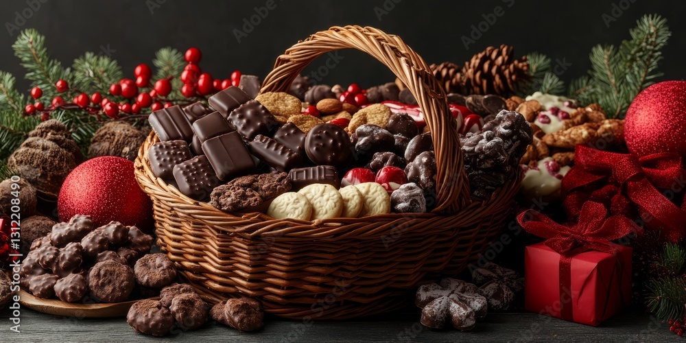 Poster basket of assorted cookies and other treats is displayed on a table. the basket is filled with a var