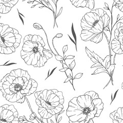 Naklejka premium Floral seamless pattern. Poppy background. Eco friendly background. Poppy flowers and greenery hand drawn line art design. Elegant seamless background endless pattern minimalist style