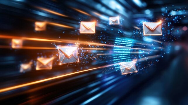 Vibrant blue and orange abstract background featuring email icons representing digital communication and connectivity