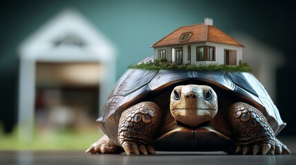 Turtle is sitting on top of a house. The turtle is small and the house is large