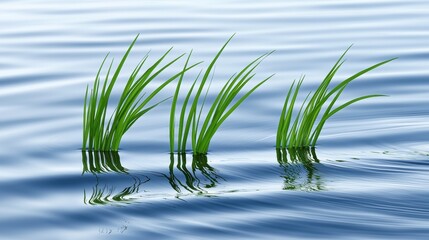Three blades of grass rise from the water's surface, their green hues contrasting with the blue-green water.