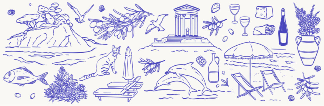Greek or italian coastal summer vacation doodle style illustration set. Ink line hand drawn Greece or Italy coast sea flora and fauna. Sea weekend or rest line art for invitations, cards, wedding.