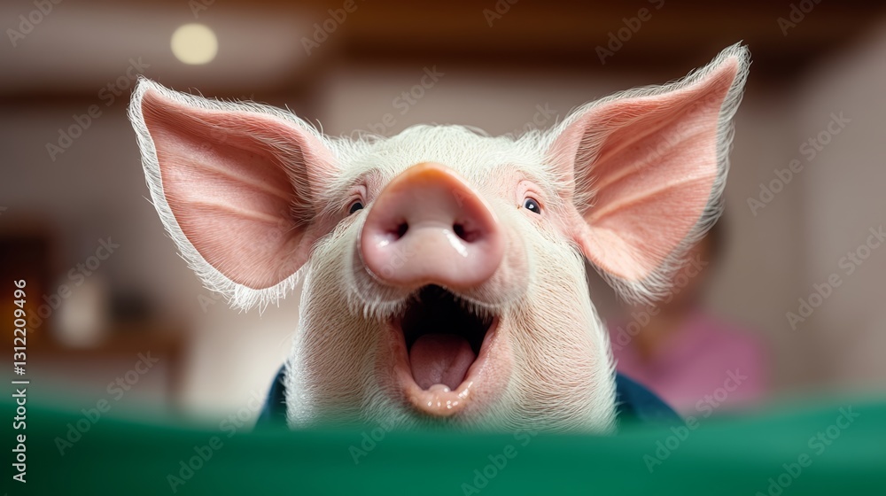 Poster pig is smiling and making a funny face. the image has a lighthearted and playful mood