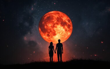 Obraz premium Romantic Sunset Eclipse: Silhouette of a couple holding hands, gazing at a large, fiery-red eclipse set against a dark, starry sky. Reflecting on the mysterious beauty of the cosmos. 