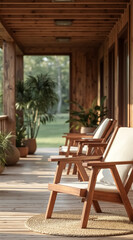 Fototapeta premium wooden chairs with creamy cushions on a sunlit porch