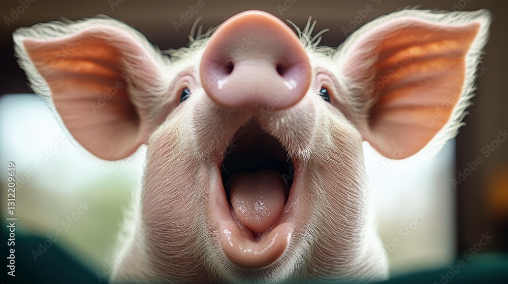 Aufkleber pig is making a loud noise and looking at the camera. the image has a playful and lighthearted mood,