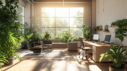 Fototapeta premium Modern loft office with plants and sunlight. Interior design. Possible use Stock photo for interior design, home office, or office space