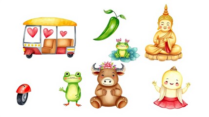 Naklejka premium Cute Asian Culture Clipart Tuk Tuk Buddha Frogs Water Buffalo