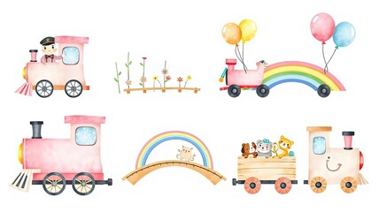 Cute Watercolor Pink Trains Rainbow Bridge Animals Balloons Childrens Illustration