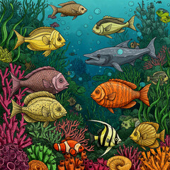 Obraz premium hand drawn aquarium with fish