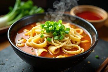 Steaming bowl of noodle soup garnished with scallions, soup, oriental pizza, noodles