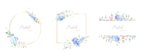 Bridgerton inspired pastel floral vector design frames. Blue delphinium, white peony, coral rose, magnolia, hyacinth, hydrangea, greenery and plants. All flowers and branches are isolated and movable.