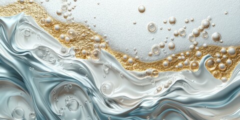 Elegant silver and gold liquid abstract design with bubbles reflecting light in a contemporary art style
