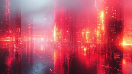 Futuristic Cityscape At Night Digital Art Pixelated Scene With Red Lights And Glow Effects Of Buildings And Towers In The Dark Atmosphere With Water Reflections And Geometric Shapes In A Modern Style