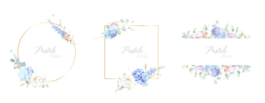 Bridgerton inspired pastel floral vector design frames. Blue delphinium, white peony, coral rose, magnolia, hyacinth, hydrangea, greenery and plants. All flowers and branches are isolated and movable.