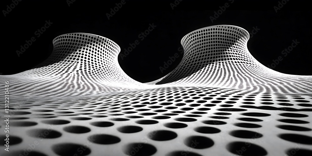 Poster abstract perforated landscape in monochrome tones with undulating forms
