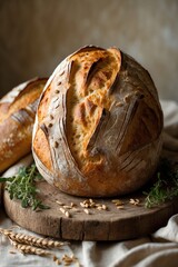 Freshly Baked Sourdough Bread on Rustic Wood Board with Garnish