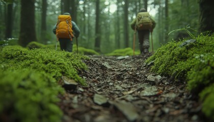 Hikers on Mossy Forest Path: Tranquil Nature Scene