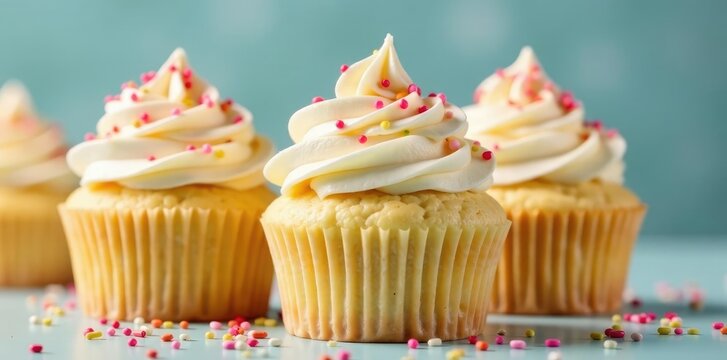Stack of moist vanilla cupcakes topped with swirled frosting and sprinkles, swirled frosting, vanilla frosting, toppings