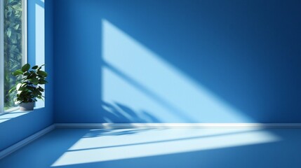 Obraz premium Sunlight streaming through a blue-walled space creates a tranquil atmosphere.