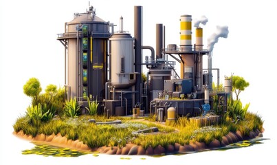 Island factory with smokestacks emitting steam amidst lush vegetation