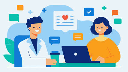 Wellness Consultation An illustration of a friendly healthcare professional sitting at a desk discussing personalized health plans with a patient surrounded by health charts and