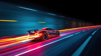 Obraz premium Fast Red Sports Car Night Drive Speed Blur Lights