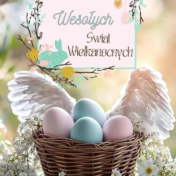 Wesołych Świąt Wielkanocnych! kartka świąteczna z życzeniami po polsku; życzenia świąteczne na Wielkanoc 2026; animacja z koszykiem jaj