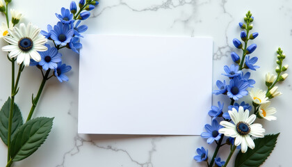 Bridal shower invitation mockup with blue wildflowers on marble background