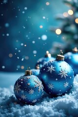 Fototapeta premium snowflakes gently falling on blue glass ornaments, festive, winter