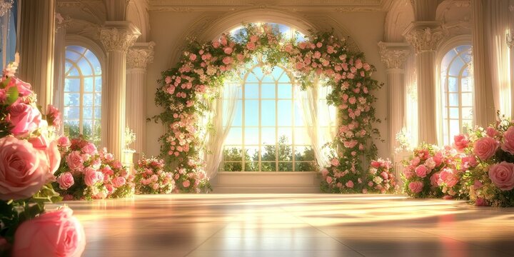 A stunning ballroom featuring elegant design and abundant natural light. 