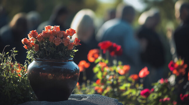 Flowers in a pot with people gathered in the background suggests a solemn occasion. The image conveys grief, remembrance and respect.