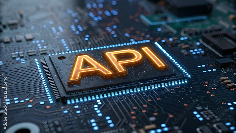 Poster api technology concept. digital interface on circuit board.