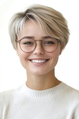 Fototapeta premium Portrait of a Smiling Young Woman with Blonde Pixie Cut and Glasses