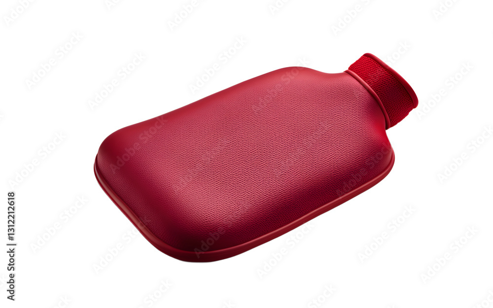 Poster a soft rubber hot water bottle with a red cover, isolated on a empty plain background