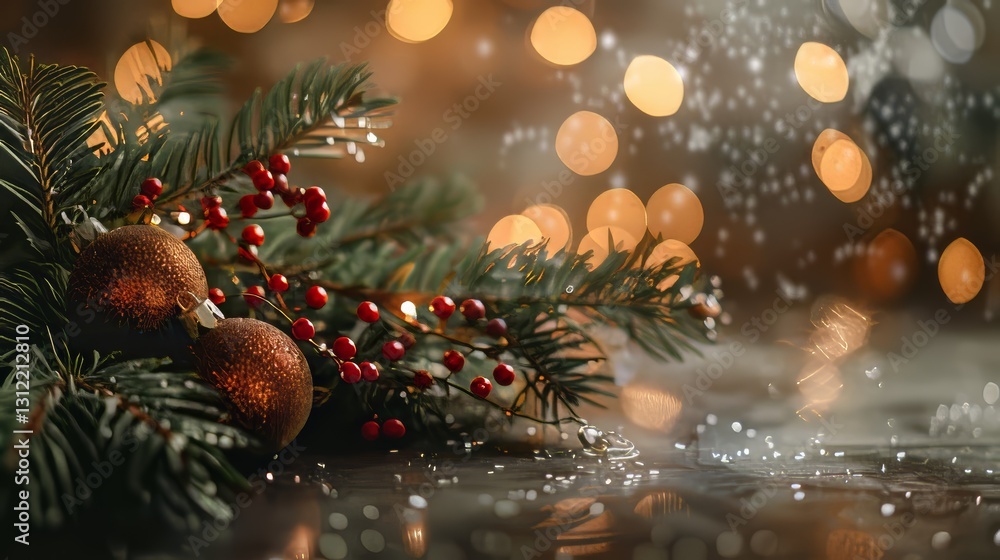 Poster a christmas tree with red berries and two ornaments. the tree is surrounded by snow. the snow is fal