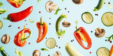 Flying grilled vegetables including peppers, zucchini, and mushrooms, on a pastel light blue background