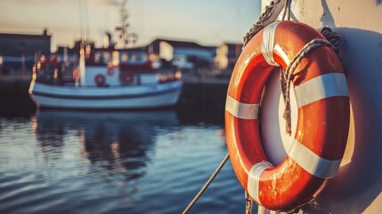 Lifebuoy Hanging on Dock Next to Small Fishing Boat at Sunset Reflection on Water Surface